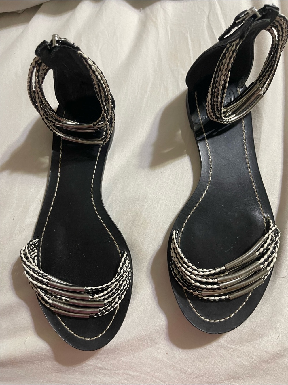 Tory Burch Black/Ivory/Silver Mignon Flat Sandals Size US 7.5